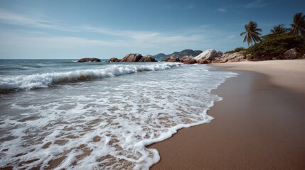 Tropical waves kiss the sunlit shore under the serene gaze of palm trees, evoking dreams of Pina Colada Day and Ocean Conservation Week