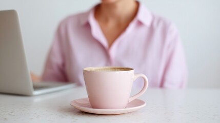 A serene pink cup of frothy cappuccino invites tranquility beside a laptop, celebrating National Coffee Day and digital nomadism