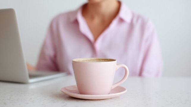 A serene pink cup of frothy cappuccino invites tranquility beside a laptop, celebrating National Coffee Day and digital nomadism