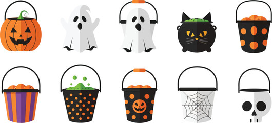 Vector collection of Halloween trick-or-treat candy buckets and spooky icons. pumpkin, ghost, skull, spiderweb, black cat cauldron designs for festive holiday celebrations on a white background © SnapFrame Studio