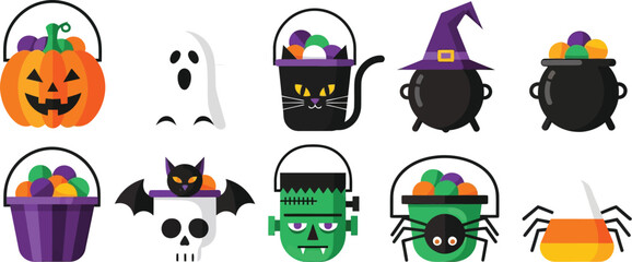 Spooky & Fun An Array of Halloween Icons Featuring Bats, Ghosts, Pumpkins, and Other Delightful Creatures with Buckets of Candy
