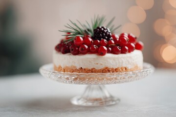 Festive frosted berry cake atop crystal pedestal, evoking Yuletide warmth, Hygge coziness, and Solstice celebrations with evergreen whispers