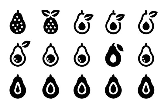 Fifteen avocado icons in various styles a versatile set for designs related to food, health, and nature, offering diverse options