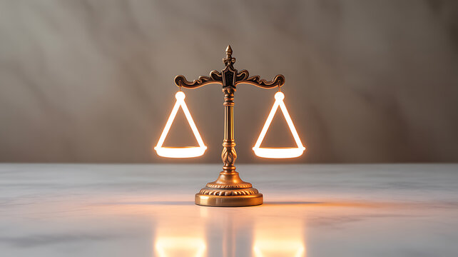 Golden justice scale with glowing triangular pans on a reflective surface
