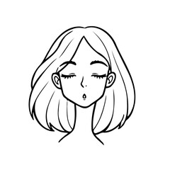Line drawing portrait of a young woman with closed eyes expressing pouting lips and short hair