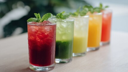 Rainbow medley of vibrant spritzers, zesty mint-topped, embodying chromotherapy's essence and Holi's kaleidoscopic fervor on a sunlit table