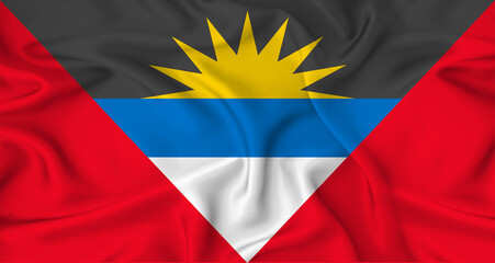 Realistic Antigua and Barbudan flag waving. Close up of flag of Antigua and Barbuda with cloth...