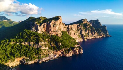 Coastal mountain range, vibrant green foliage, azure water