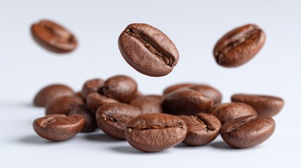 Naklejka premium Floating coffee beans orchestrate a caffeinated ballet, symbolizing Java Day and International Coffee Break, aromatic energy infusion