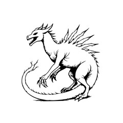 Monochromatic formidable dragon illustration showcases fantasy creature poised with sinuous tail