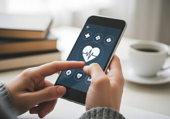 Person using a smartphone with health app displaying heart rate and medical icons, closeup on hands and phone screen
