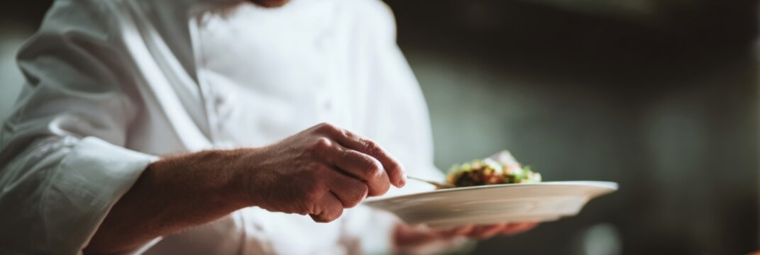 A Caucasian male chef delicately garnishes a gourmet dish, embodying Gastronomy Days culinary artistry and Slow Food philosophy - Powered by Adobe