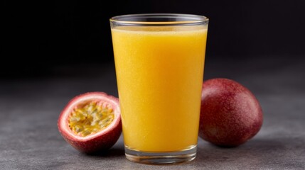 Fototapeta premium Sunlit passion fruit elixir in a glass, perfect for tropical solstice celebrations and tantalizing taste escapades