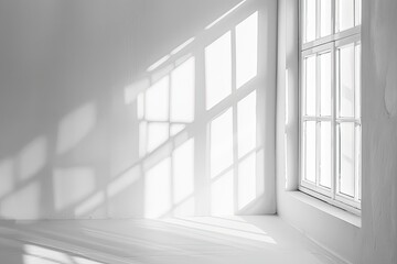 Obraz premium Sunlight streams through a window in a minimalist white room, casting dramatic shadows on the walls and floor, creating a bright yet serene atmosphere