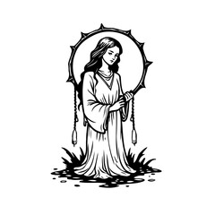 Monochrome depiction of a woman in flowing attire with a halo-like design and ornate details