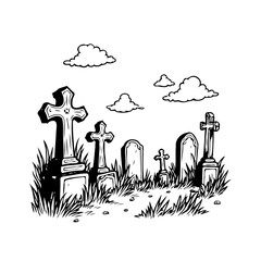 Monochrome depiction of aged tombstones in a burial ground beneath cloudy skies in remembrance