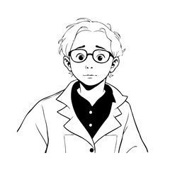 Monochrome digital illustration depicting a young individual, featuring round spectacles and