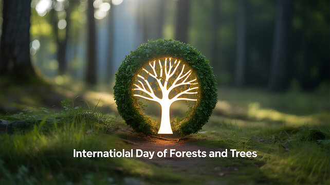 International Day of Forests and Trees celebrated with illuminated tree symbol in a forest setting - Powered by Adobe