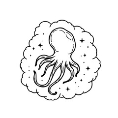 Monochrome illustration featuring an octopus silhouette surrounded by clouds dotted with twinkling