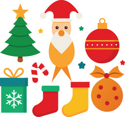 Naklejka premium Vector art of a collection of festive christmas icons including a santa claus figure, a decorated christmas tree, gift boxes, stockings, candy canes, and ornaments, all isolated on a