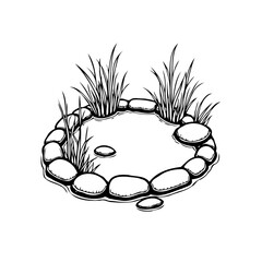 Monochrome peaceful stone bordered pond oasis surrounded by slender rushes in tranquil nature