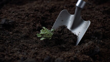 A silver trowel nestles a tender sprout into rich soil, evoking Earth Day reverence and Samhain's hidden harvest