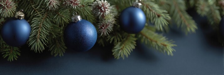 Evergreen whispers cradle indigo baubles, evoking midnight tranquility, resonating with Yule tides and the serene Winter Solstice