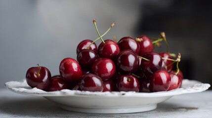 Ethereal cherries cascade on porcelain, embracing summer solstice, whimsical treats, and cherry pie appreciation festivities