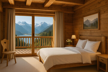 Obraz premium Warm wooden bedroom with double bed and balcony overlooking snowy mountain peaks, horizontal photo