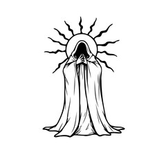 Mysterious cloaked figure silhouetted against radiating light evoking a sense of foreboding and