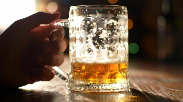 Empty Beer Mug Close-Up - Golden Liquid Remains, Bubbles, and Festive Bokeh Lights.