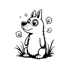 Playful canine character illustration with cheerful expression surrounded by whimsical flower