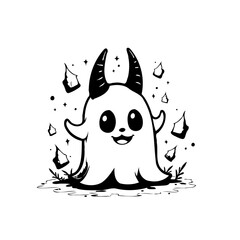 Playful cartoon ghost with horns amidst floating geometric shapes creating a whimsical spooky scene