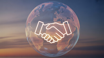 Glowing handshake icon overlaid on a transparent globe against a sunset sky