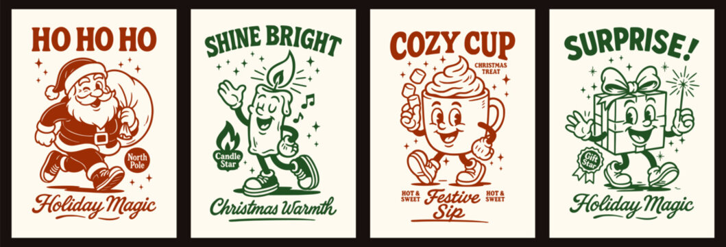 Funky retro Christmas posters with Santa, candle, cocoa mug and gift box mascot in vintage 60s 70s groovy