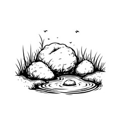 Serene waterside landscape featuring rocks grass and small water body reflecting tranquility and