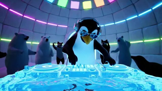 Cool penguin DJ spins beats for polar bear and seal party in vibrant, glowing igloo nightclub with energetic dancing crowd