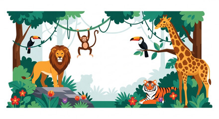 Fototapeta premium A vibrant jungle scene featuring a lion, tiger, monkey, giraffe, and toucans, creating a lively and colorful wildlife illustration