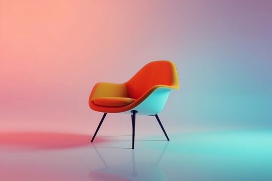 A vibrant mid century modern armchair with orange and yellow upholstery stands alone against a softly lit gradient background of pink and blue