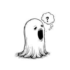 Spooky apparition contemplates existence with a cloud thought bubble and question mark in the