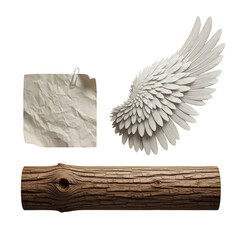 A crumpled paper note, a white wing, and a wooden log on a white background.