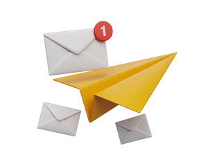A yellow paper airplane with white envelopes and a red notification on a black background scene on transparent background