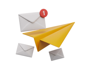 A yellow paper airplane with white envelopes and a red notification on a black background scene on transparent background