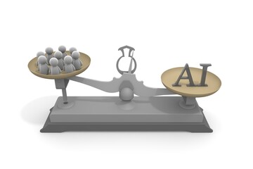 AIと人間のバランスを象徴する天秤のイラスト。人工知能と人類の関係、テクノロジーと社会の調和、未来における人間とAIの共存を表現しています。