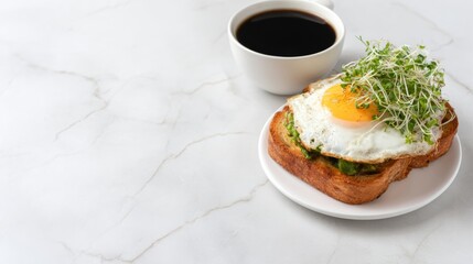 Crisp toast adorned with avocado, sunny-side egg, and sprightly microgreens beside a dark brewperfect for World Egg Day brunch