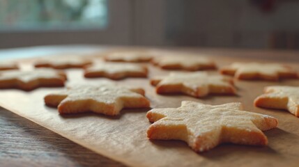Golden star-shaped cookies serenely bask on a rustic board, evoking Yuletide warmth and Transylvanian Biscuit Day coziness