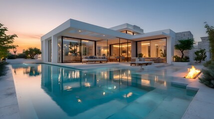 Elegant, wide-angle shot of a luxurious modern villa with floor-to-ceiling glass walls beside a tranquil reflection pool as the sun sets.