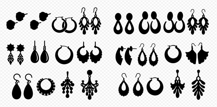 An assortment of earring silhouettes in various shapes and styles, displayed in rows on a transparent background.