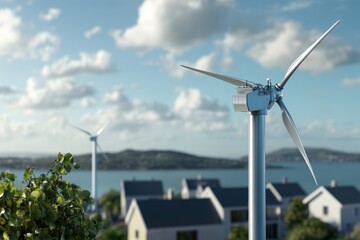 Wind turbines generate renewable energy in a coastal town during a sunny day