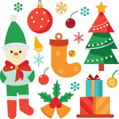 Vector art of a festive collection of christmas icons including a snowman, christmas tree, baubles, stocking, gift box, holly, and snowflakes, all isolated on a